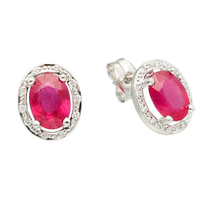 PENDIENTES EN ORO BLANCO DIAMANTES Y RUBI OVALADO