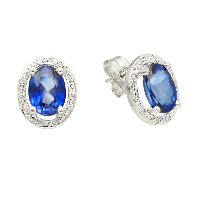 PENDIENTES EN ORO BLANCO DIAMANTES Y ZAFIRO OVALADO