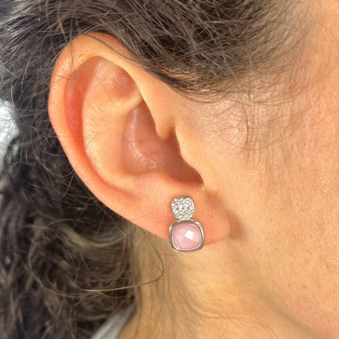 PENDIENTES EN PLATA CON CIRCONITA ROSA Y BLANCA CUADRADA 2