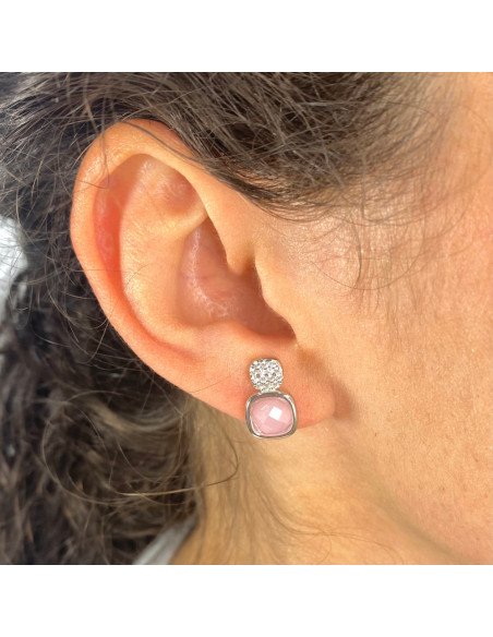 PENDIENTES EN PLATA CON CIRCONITA ROSA Y BLANCA CUADRADA