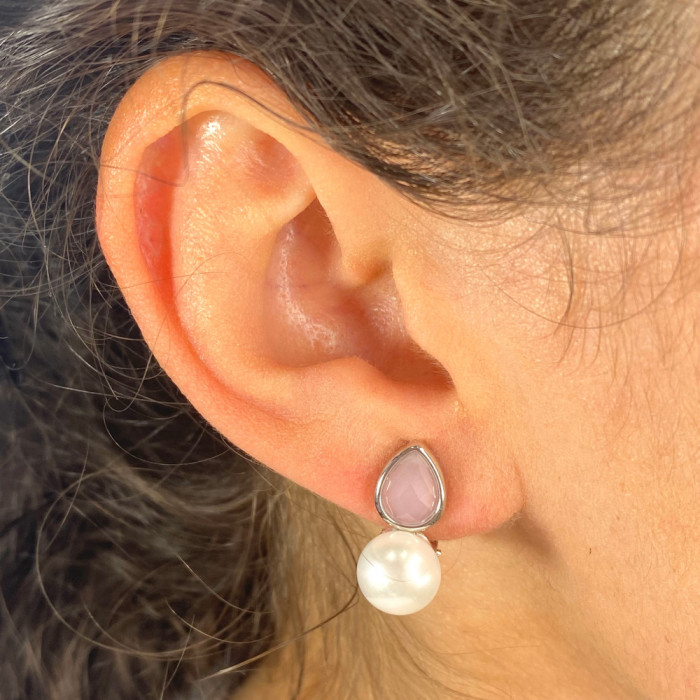 PENDIENTES EN PLATA CIRCONITA  ROSA GOTA Y PERLA CULTIVADA 2