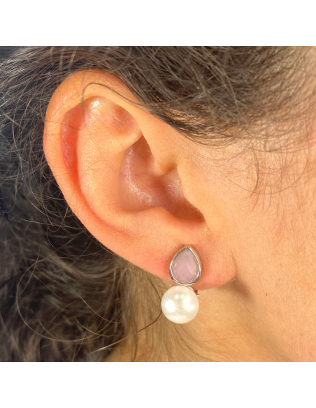 PENDIENTES EN PLATA CIRCONITA  ROSA GOTA Y PERLA CULTIVADA