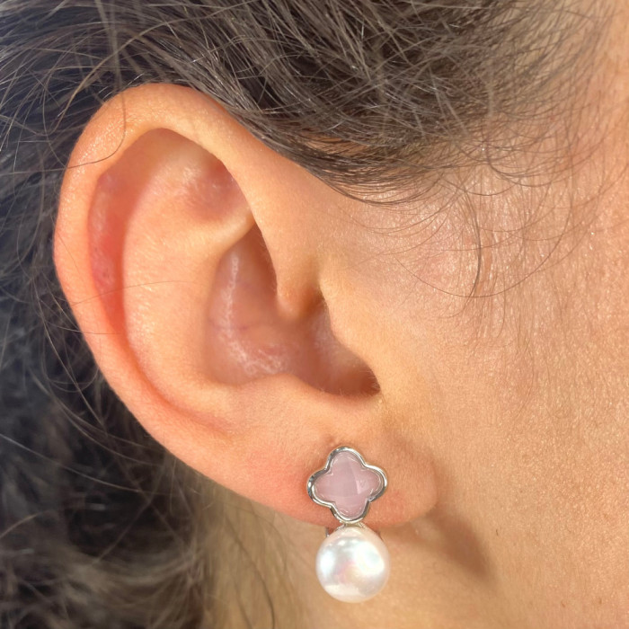 PENDIENTES EN PLATA CIRCONITA ROSA FLOR PERLA CULTIVADA 2
