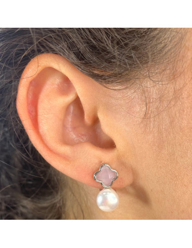 PENDIENTES EN PLATA CIRCONITA ROSA FLOR PERLA CULTIVADA