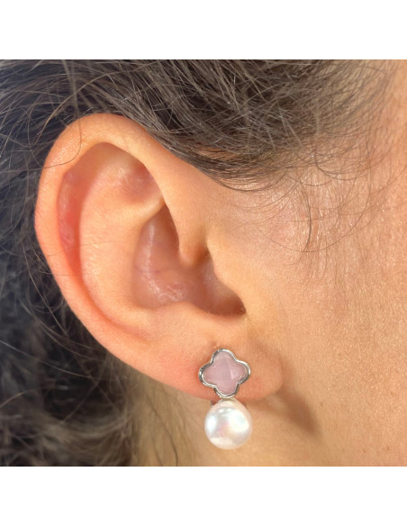 PENDIENTES EN PLATA CIRCONITA ROSA FLOR PERLA CULTIVADA
