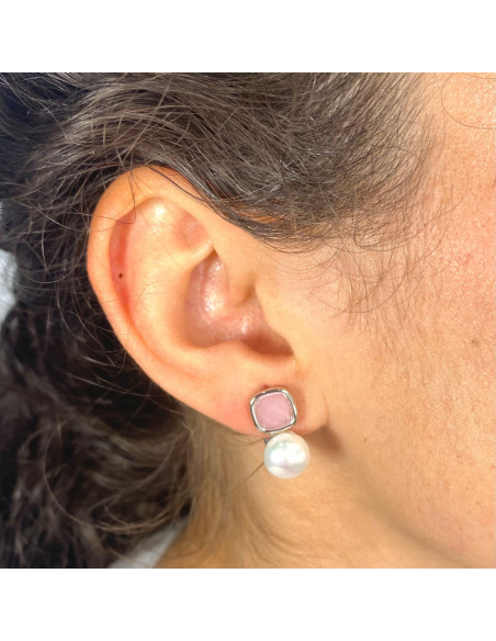 PENDIENTES EN PLATA CON CIRCONITA ROSA CUADRADA Y PERLA CULTIVADA