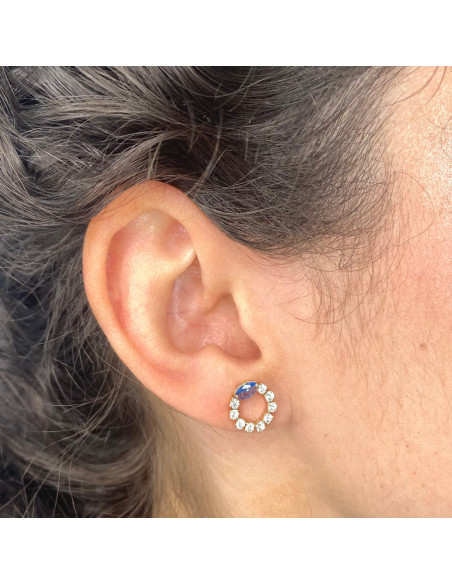 PENDIETES EN ORO CIRCULO CIRCONITAS BLANCAS Y AZUL GARRA