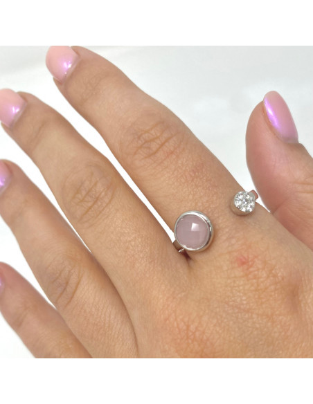 ANILLO EN PLATA ABIERTO CIRCONITA ROSA Y BLANCA REDONDA