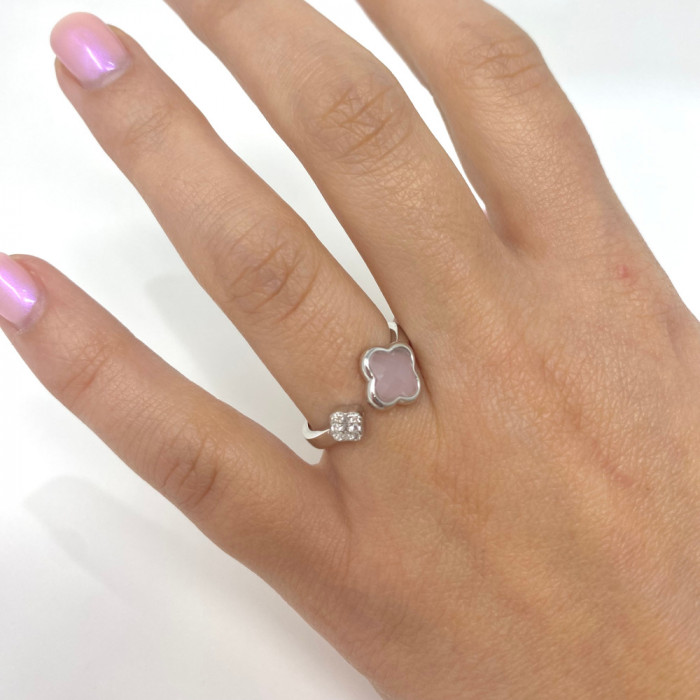 ANILLO ABIERTO EN PLATA CIRCONITA ROSA Y BLANCA FLOR 2