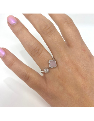 ANILLO ABIERTO EN PLATA CIRCONITA ROSA Y BLANCA FLOR