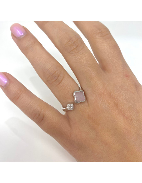 ANILLO ABIERTO EN PLATA CIRCONITA ROSA Y BLANCA FLOR