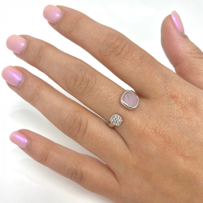 ANILLO EN PLATA ABIERTO CIRCONITA CUADRADA ROSA BLANCA 2
