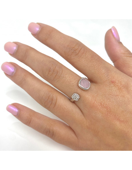ANILLO EN PLATA ABIERTO CIRCONITA CUADRADA ROSA BLANCA