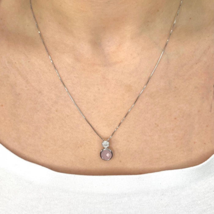 GARGANTILLA EN PLATA CON CIRCONITA ROSA Y BLANCA  REDONDA 2