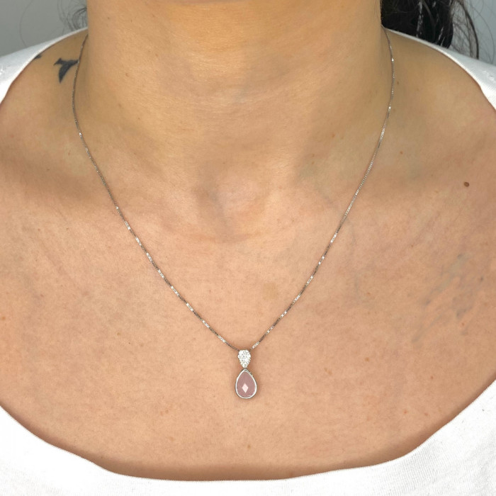 GARGANTILLA EN PLATA  CIRCONITA ROSA BLANCA DOS GOTAS 2