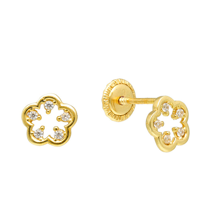 PENDIENTES EN ORO FLOR CALADA CIRCONITAS BLANCAS GARRA