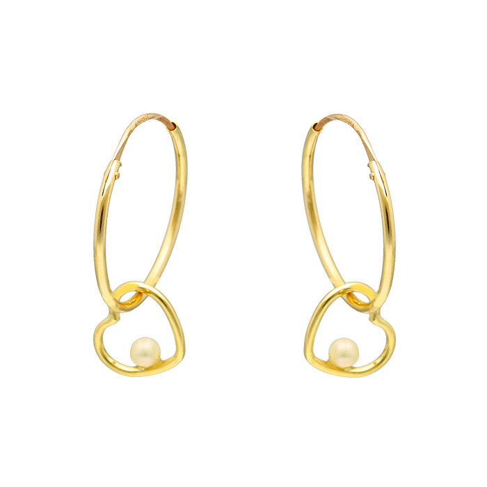 PENDIENTES EN ORO LARGOS ARO CON CORAZON Y PERLA CULTIVADA