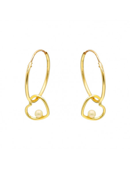 PENDIENTES EN ORO LARGOS ARO CON CORAZON Y PERLA CULTIVADA