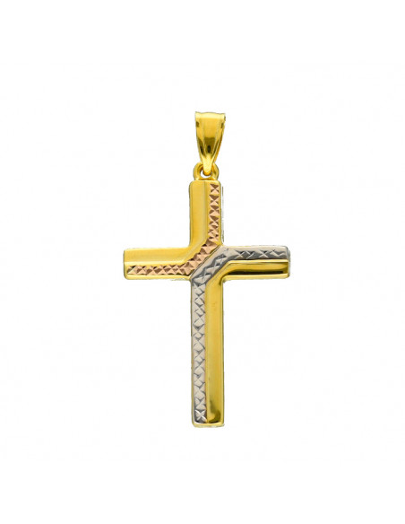 CRUZ EN ORO TRICOLOR CUADRADA TRIANGULOS
