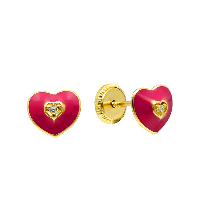 PENDIENTES EN ORO CORAZON ESMALTADO ROSA  CIRCONITA
