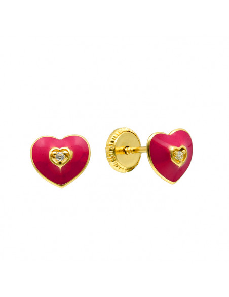 PENDIENTES EN ORO CORAZON ESMALTADO ROSA  CIRCONITA