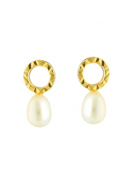 PENDIENTES EN ORO CIRCULO TALLADO Y PERLA GOTA