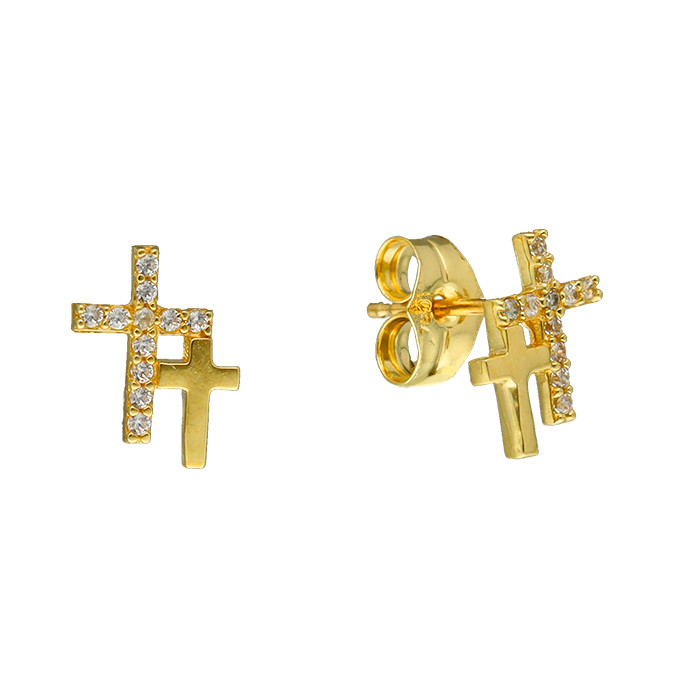 PENDIENTES EN ORO DOS CRUCES Y CIRCONITAS BLANCAS