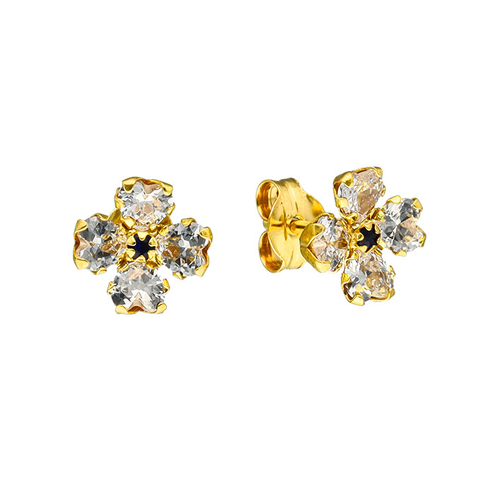 PENDIENTES EN ORO FLOR CUATRO PETALOS CIRCONITAS BLANCAS Y AZUL