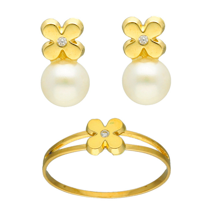 JUEGO DE PENDIENTES Y ANILLO EN ORO FLOR CUATRO PETALOS Y PERLA