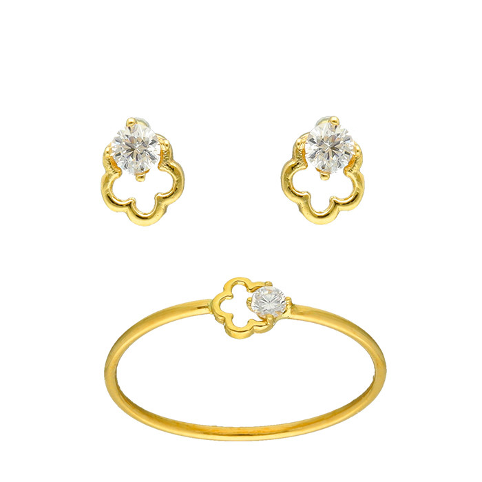 JUEGO DE PENDIENTES Y ANILLO EN ORO FLOR CALADA Y CIRCONITA