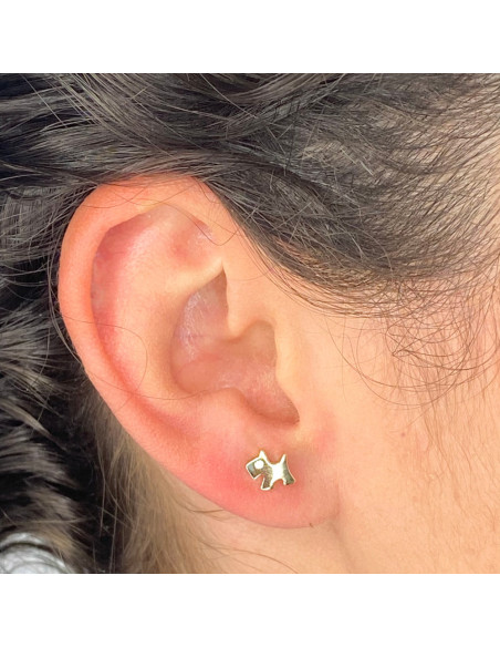 PENDIENTES EN PLATA DORADA EN FORMA DE PERRO CON CIRCONITA BLANCA