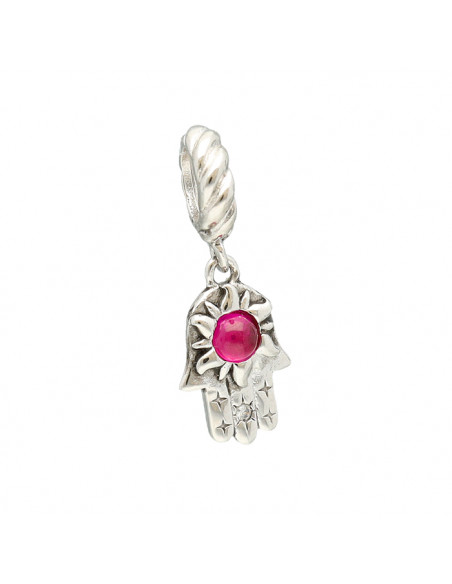 CHARM EN PLATA MANO DE FATIMA CENTRO ROSA
