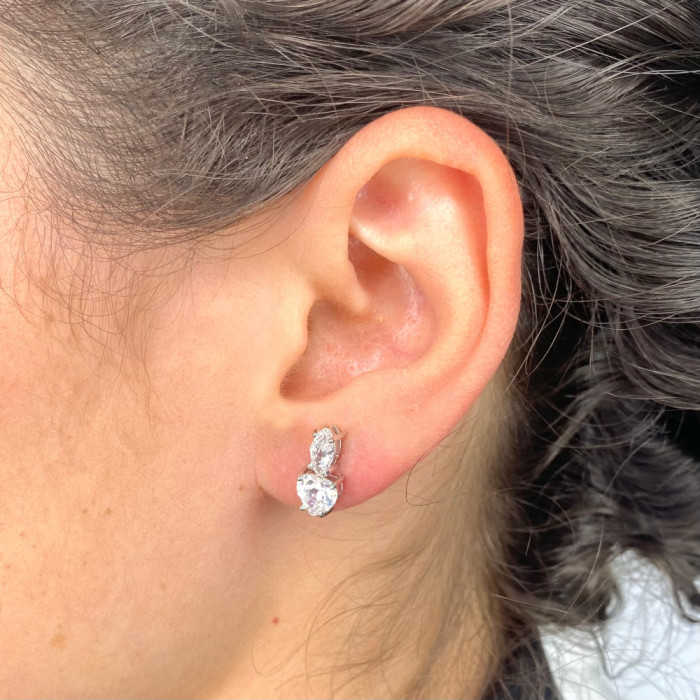 PENDIENTES EN PLATA LARGOS DOBLE CIRCONITA TALLADA ROMBO CORAZON 2