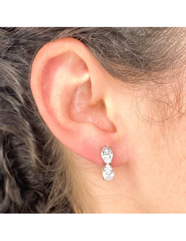 PENDIENTES EN PLATA LARGOS CIRCONITAS TALLADAS DOBLE PERA INVERTIDA
