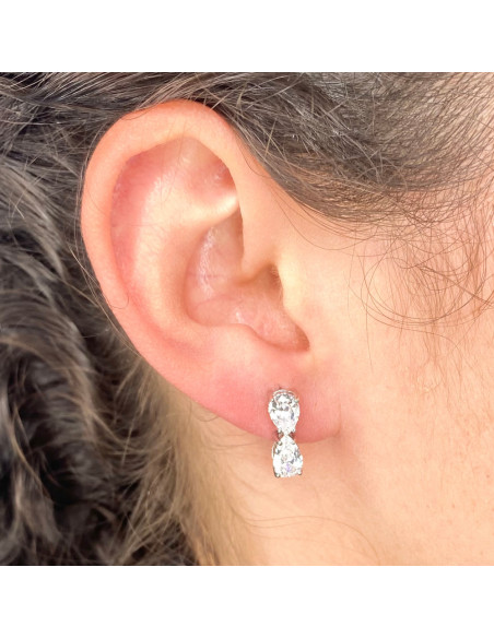 PENDIENTES EN PLATA LARGOS CIRCONITAS TALLADAS DOBLE PERA INVERTIDA