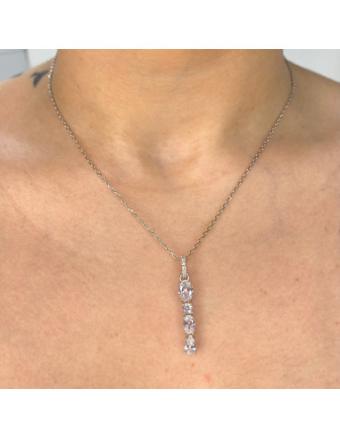 GARGANTILLA EN PLATA CON COLGANTE LARGO 4 CIRCONITAS TALLADAS
