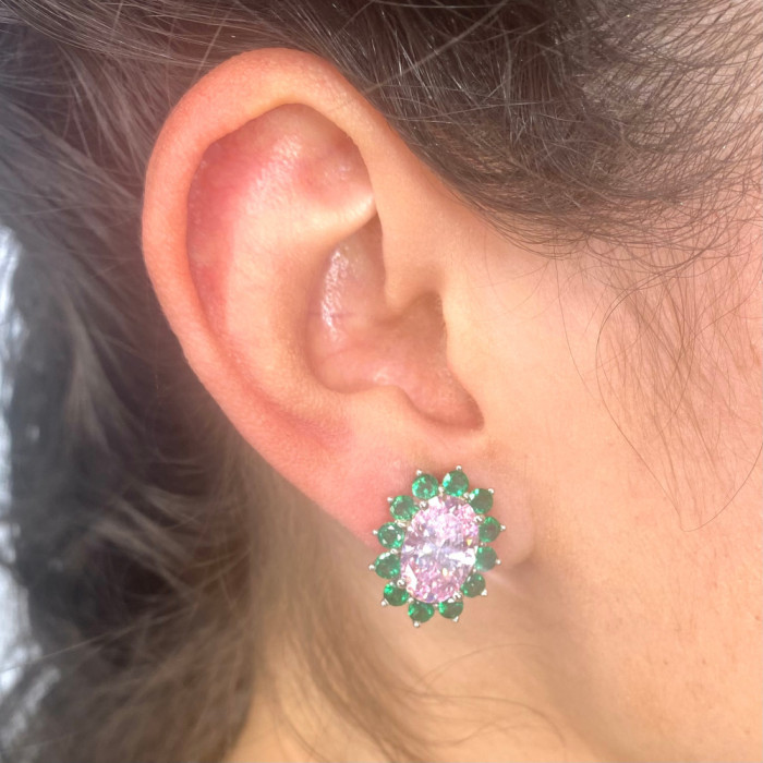 PENDIENTES PLATA OVAL CON CIRCONITA ROSA Y VERDES. 2