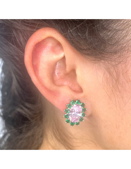 PENDIENTES PLATA OVAL CON CIRCONITA ROSA Y VERDES.