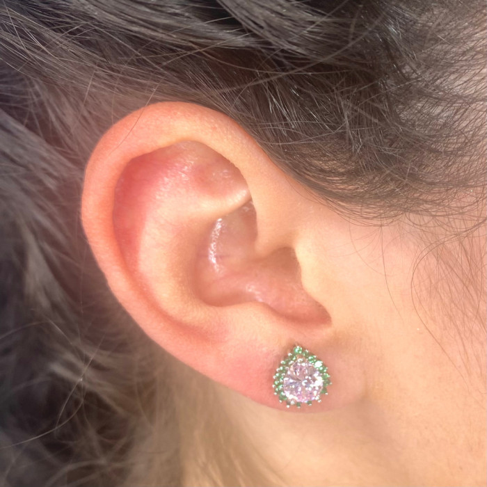 PENDIENTES PLATA GOTA CON CIRCONITAS ROSA Y VERDE. 2