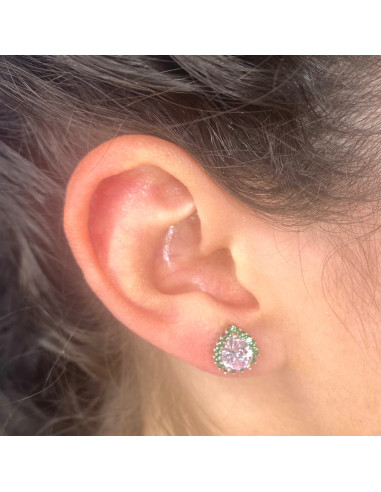 PENDIENTES PLATA GOTA CON CIRCONITAS ROSA Y VERDE.