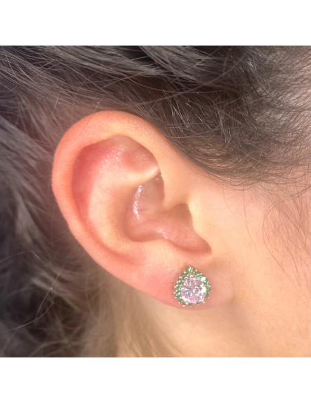 PENDIENTES PLATA GOTA CON CIRCONITAS ROSA Y VERDE.