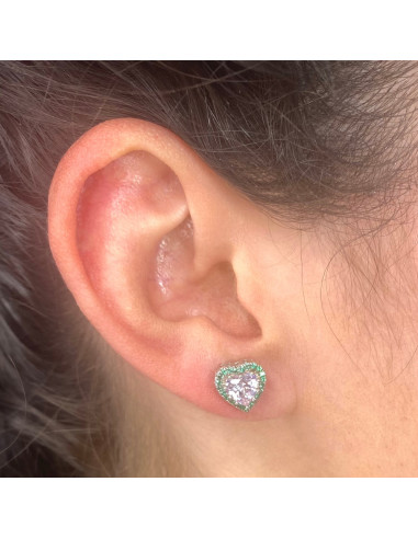 PENDIENTES PLATA CORAZÓN CON CIRCONITAS ROSA Y VERDE.