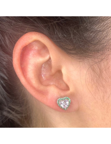 PENDIENTES PLATA CORAZÓN CON CIRCONITAS ROSA Y VERDE.