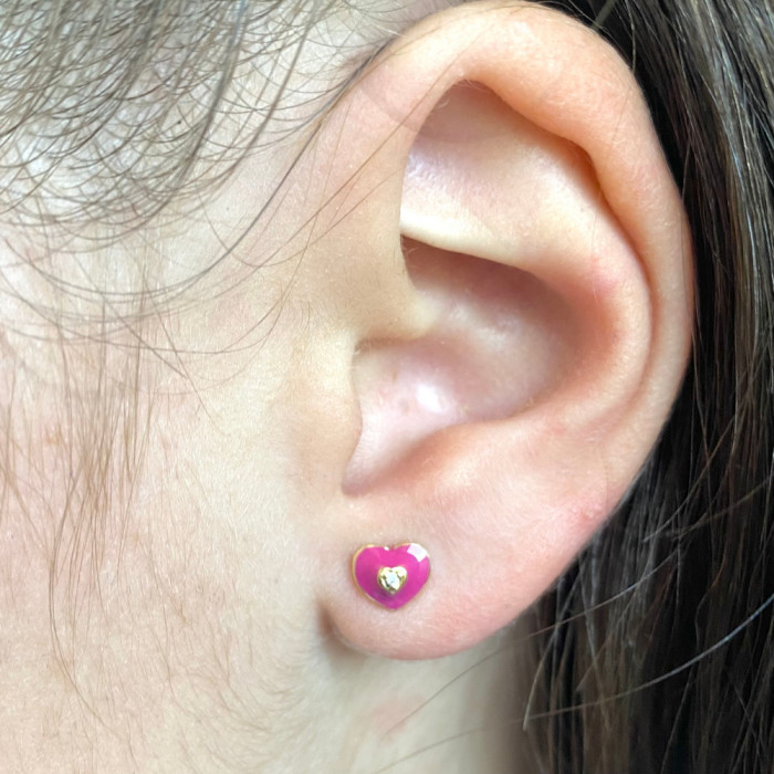 PENDIENTES EN ORO CORAZON ESMALTADO ROSA  CIRCONITA 2