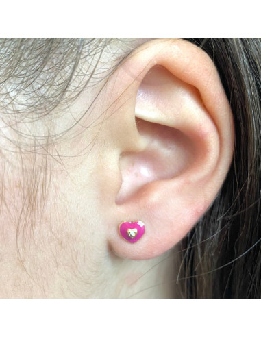 PENDIENTES EN ORO CORAZON ESMALTADO ROSA  CIRCONITA