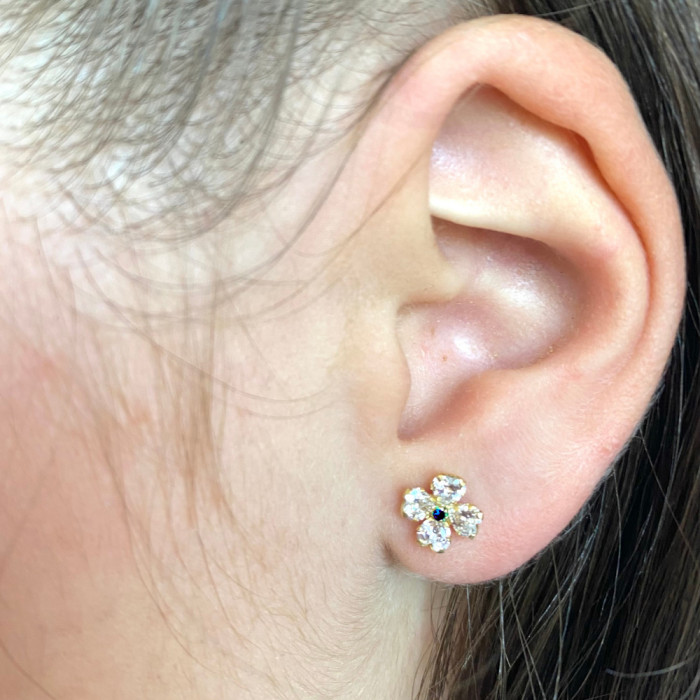 PENDIENTES EN ORO FLOR CUATRO PETALOS CIRCONITAS BLANCAS Y AZUL 2
