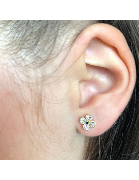 PENDIENTES EN ORO FLOR CUATRO PETALOS CIRCONITAS BLANCAS Y AZUL