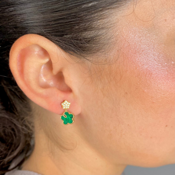 PENDIENTES EN ORO LARGOS CON MALAQUITA FLOR 2