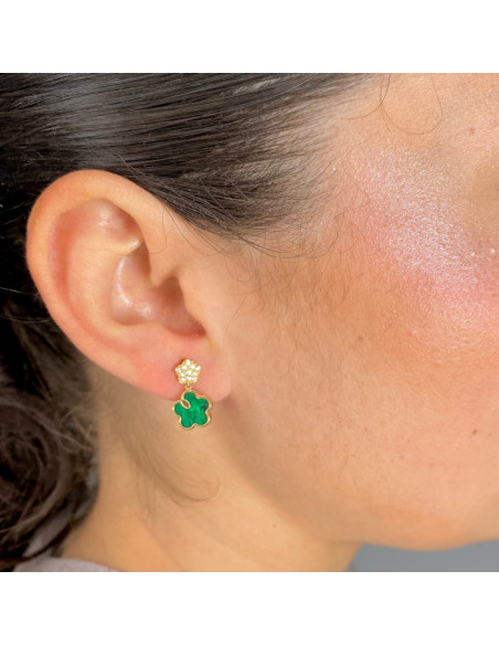 PENDIENTES EN ORO LARGOS CON MALAQUITA FLOR