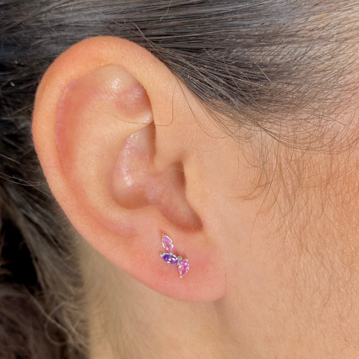 PENDIENTES EN PLATA CIRCONITAS ROSAS Y MALVAS INFANTIL. 2